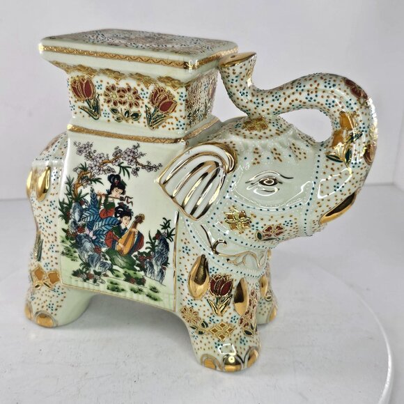 Vintage Satsuma Porcelain Elephant Plant Stand With Asian Design - Picture 3 of 10